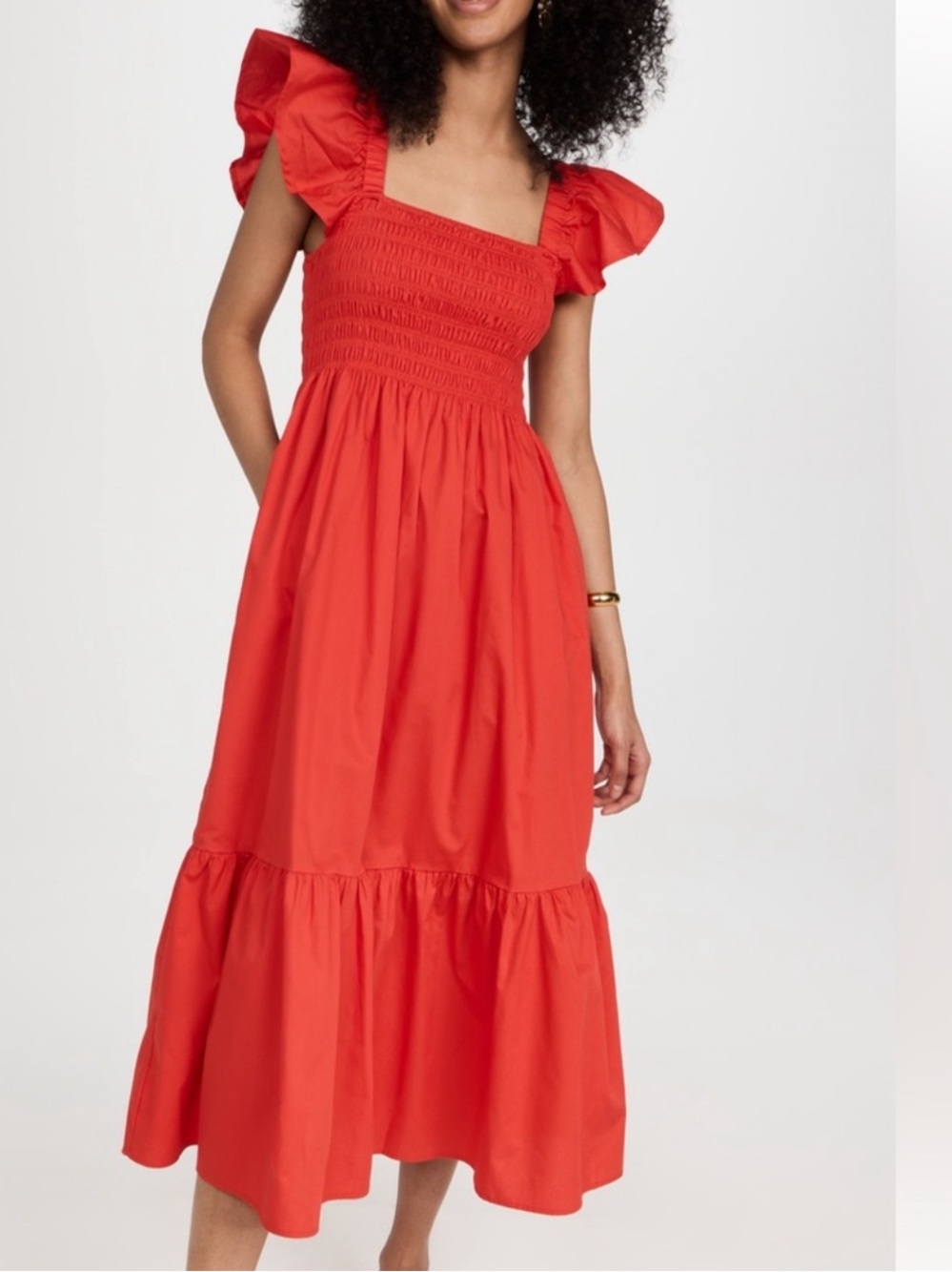 Square-Neck Smocked Midi Dress in Coral Red